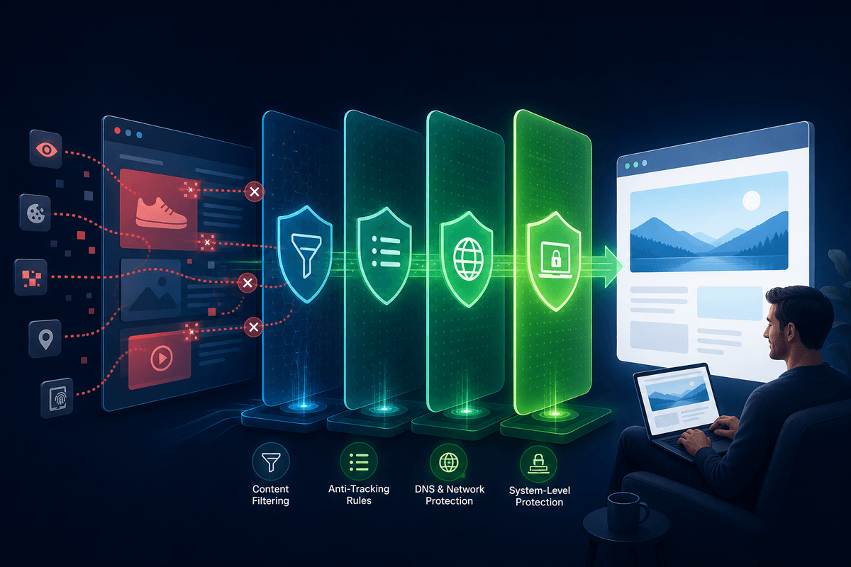 Layered privacy protection stack blocking ads and trackers before they reach a clean browser