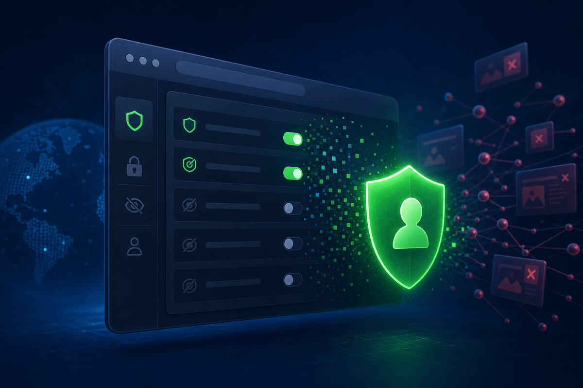Abstract browser privacy controls protected by a green shield