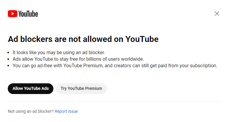 YouTube begins warning: 'Ad blockers are not allowed'